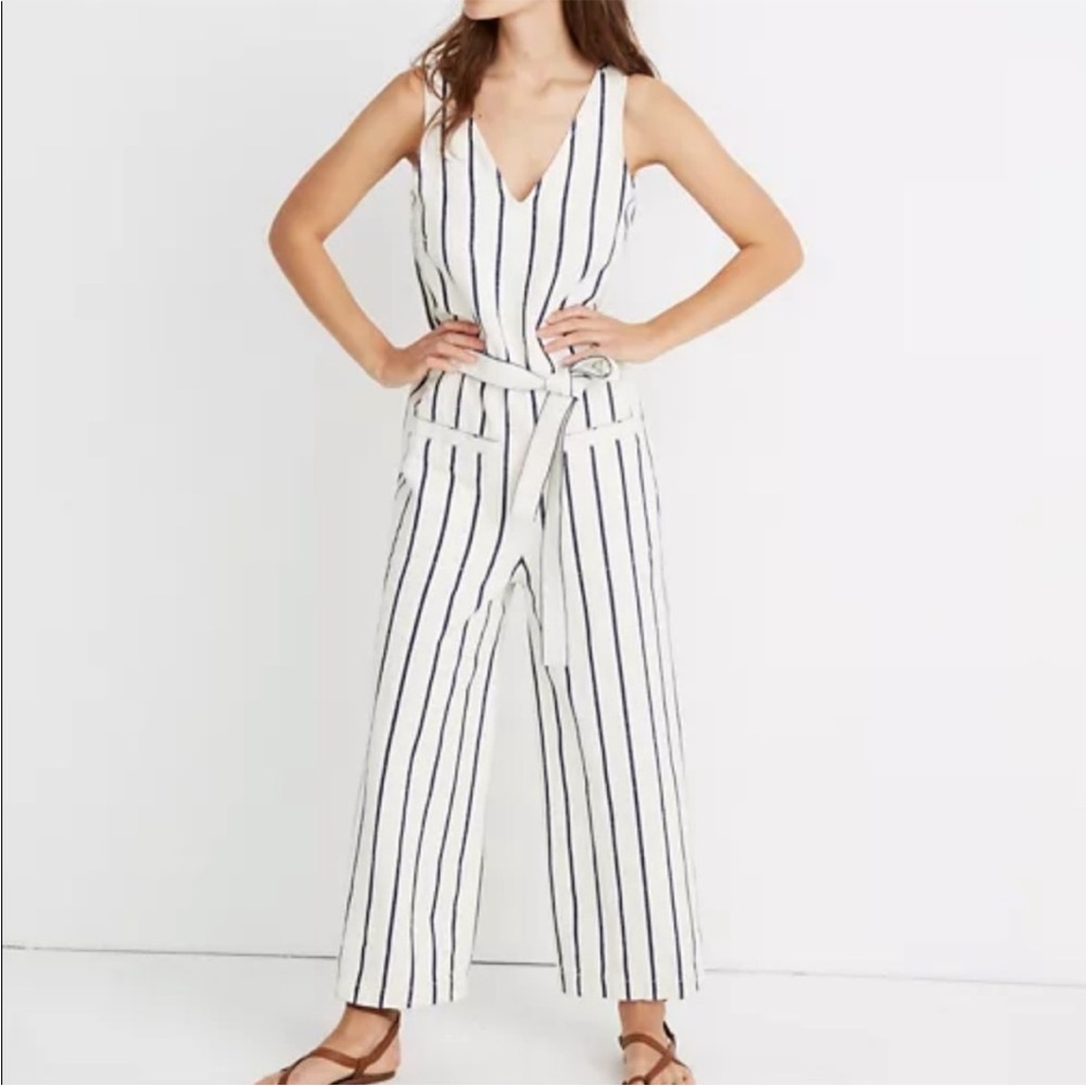 Madewell Navy and White Striped V-Neck Jumpsuit - NWOT